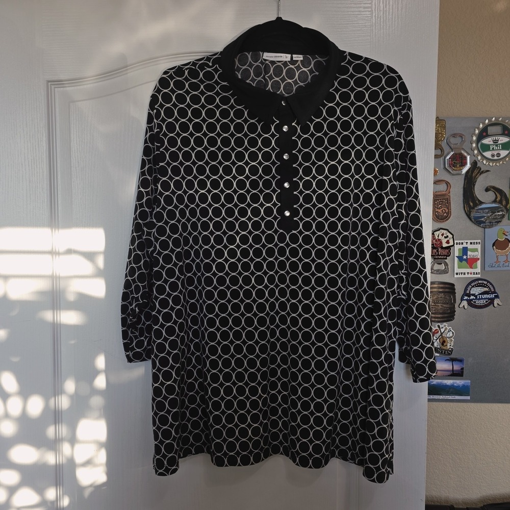 Susan Graver Womens 2XL Geometric Layered Blouse Black White‎ 3/4 Sleeve Top